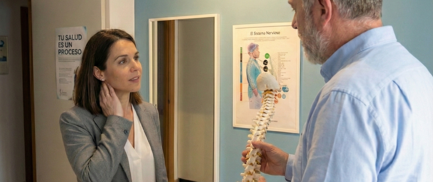 Dolor de cuello Paciente explicando su dolor de cuello