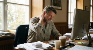 Tensión muscular y estrés laboral afectando el cuello y los hombros.